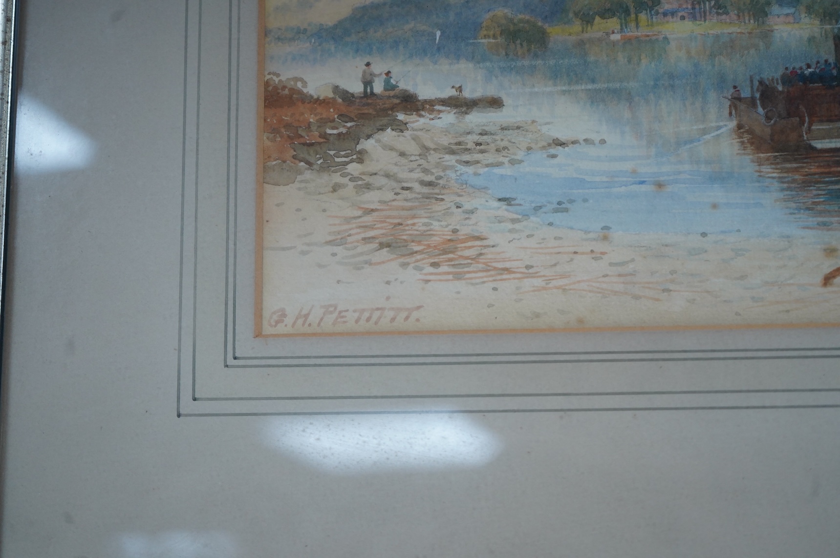 G H Pettitt (19th. C), Continental lakeside landscape with boats, signed, watercolour, 34 x 24cm